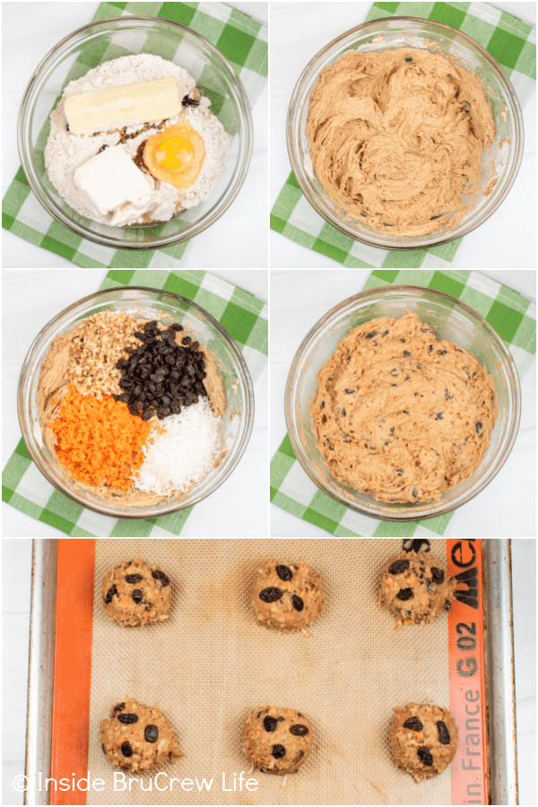 Five pictures collaged together showing the steps to making carrot cake cookies.