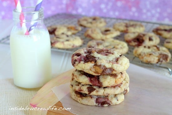 Easy cookies filled with Reese's peanut butter cups and raspberry chocolate bars. These don't last long!!!