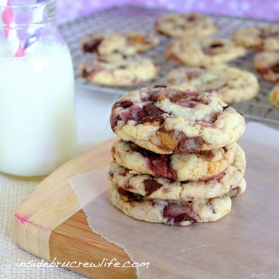 Easy cookies filled with Reese's peanut butter cups and raspberry chocolate bars. These don't last long!!!