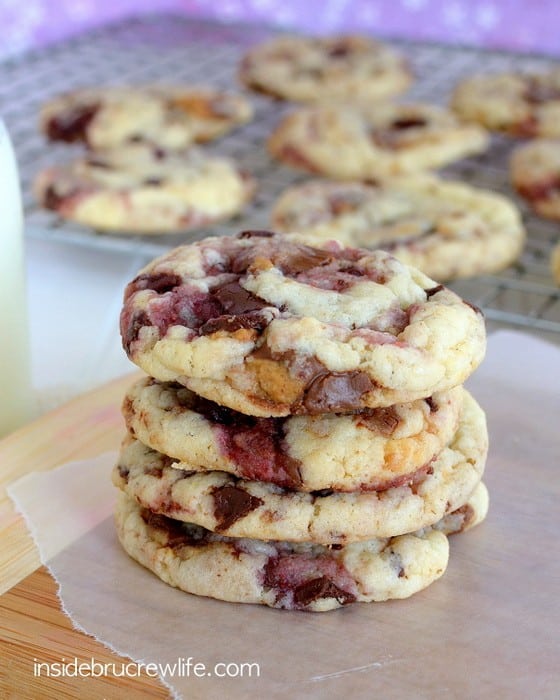 Easy cookies filled with Reese's peanut butter cups and raspberry chocolate bars. These don't last long!!!