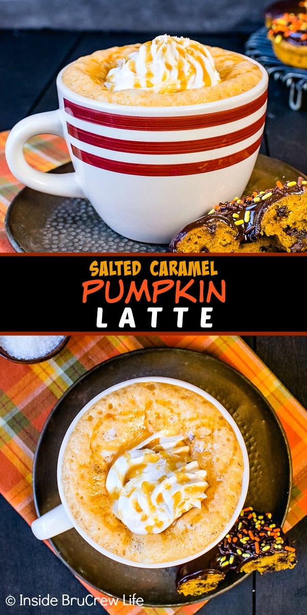 Two pictures of Salted Caramel Pumpkin Latte collaged together with a black text box