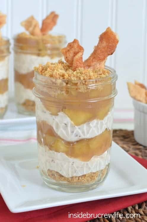 Apple Pie Cheesecake Parfaits - layers of homemade apple pie filling and no bake cheesecake make these an easy dessert to make and enjoy!