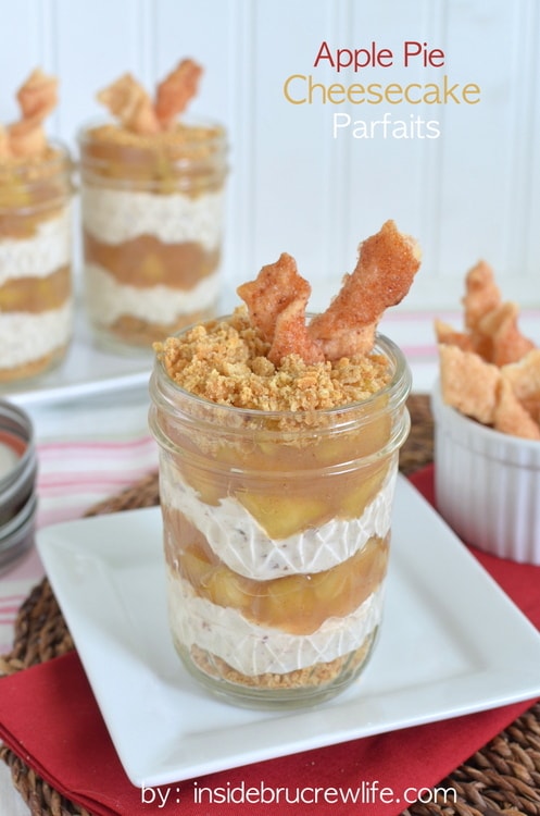 Apple Pie Cheesecake Parfaits - layers of streusel, cheesecake, and homemade apple pie filling makes a fun summer treat. Make these little parfaits for parties and picnics.