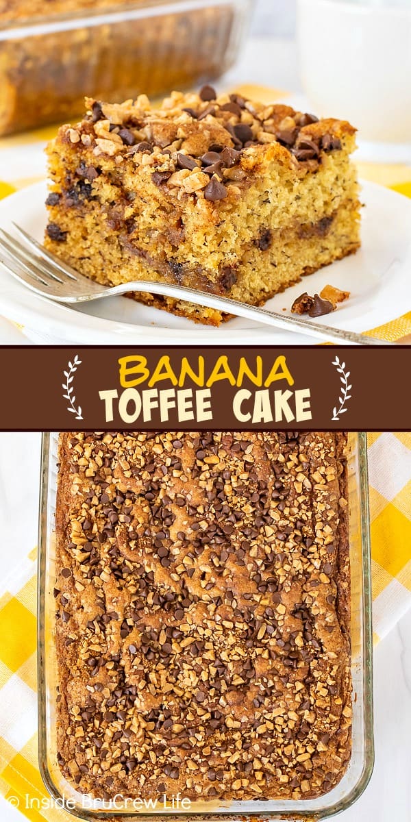 Two pictures of banana toffee cake collaged together with a brown text box