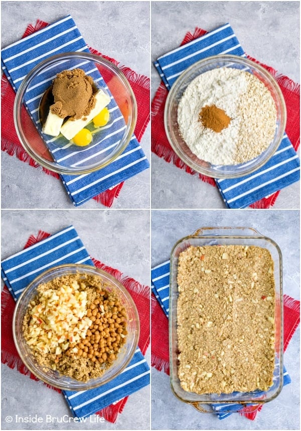 Four pictures collaged together showing how to make apple granola bars.