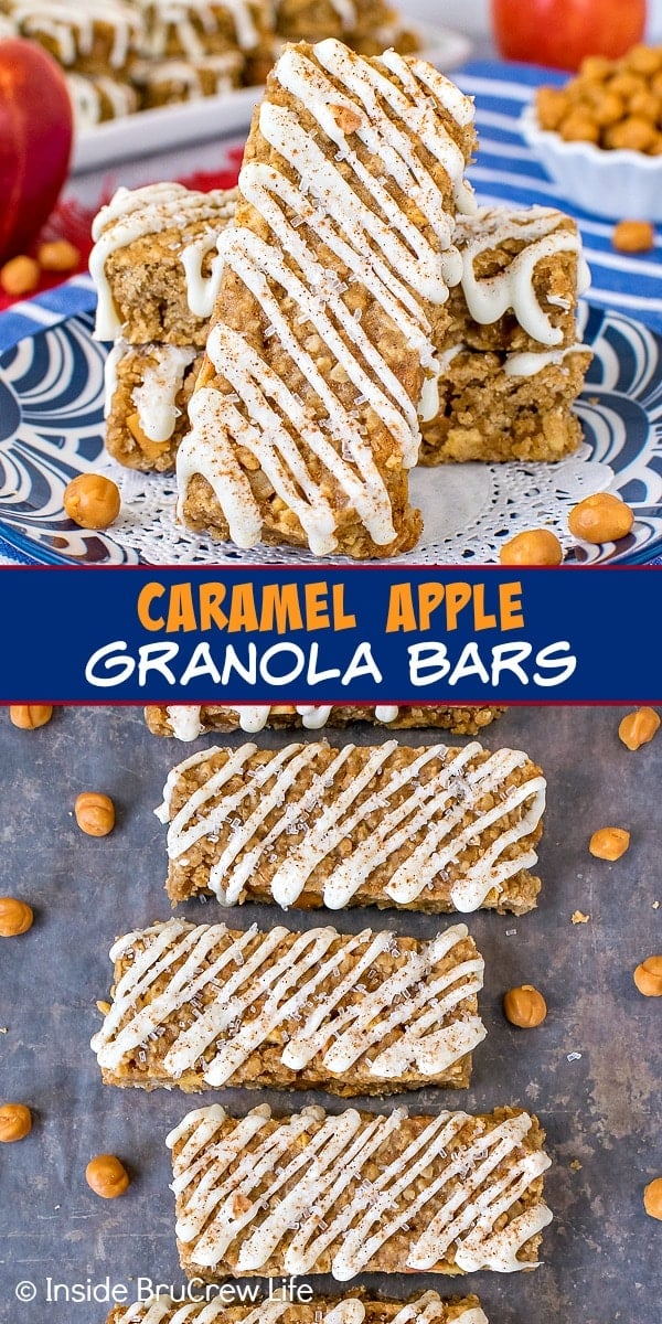 Two pictures of caramel apple granola bars collaged together with a blue text box.