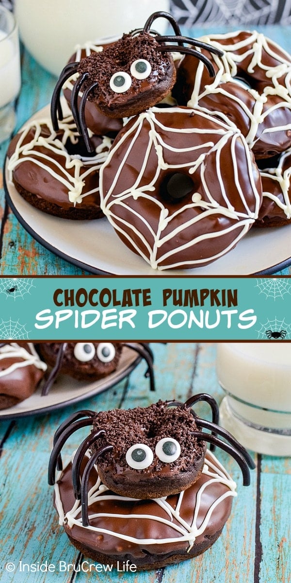 Two pictures of chocolate pumpkin spider donuts collaged together with a teal text box