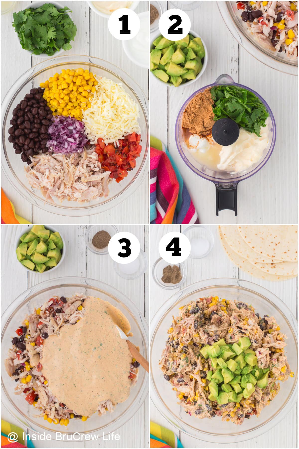 Four pictures collaged together showing how to make chicken salad with taco ingredients.