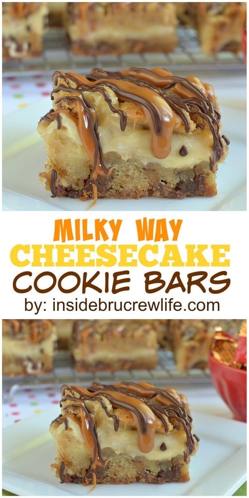 Milky Way Cheesecake Cookie Bars - adding candy bars and caramel drizzles makes these cheesecake cookie bars a must make dessert! Perfect recipe for your sweet tooth! #cheesecake #cookies #caramel #milkyway #candybars