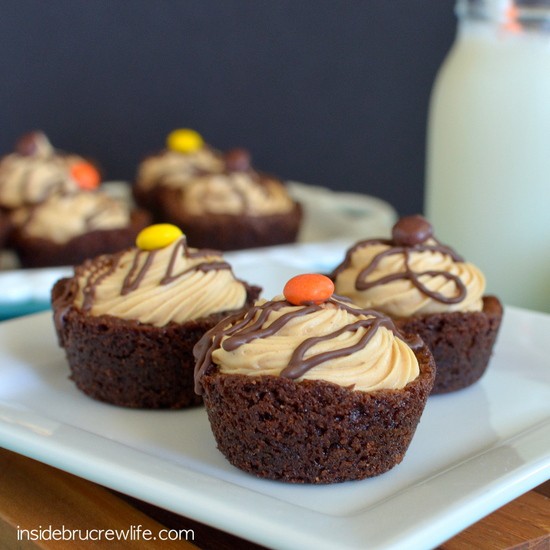 These mini brownies have a hidden marshmallow center and a peanut butter mousse topping.