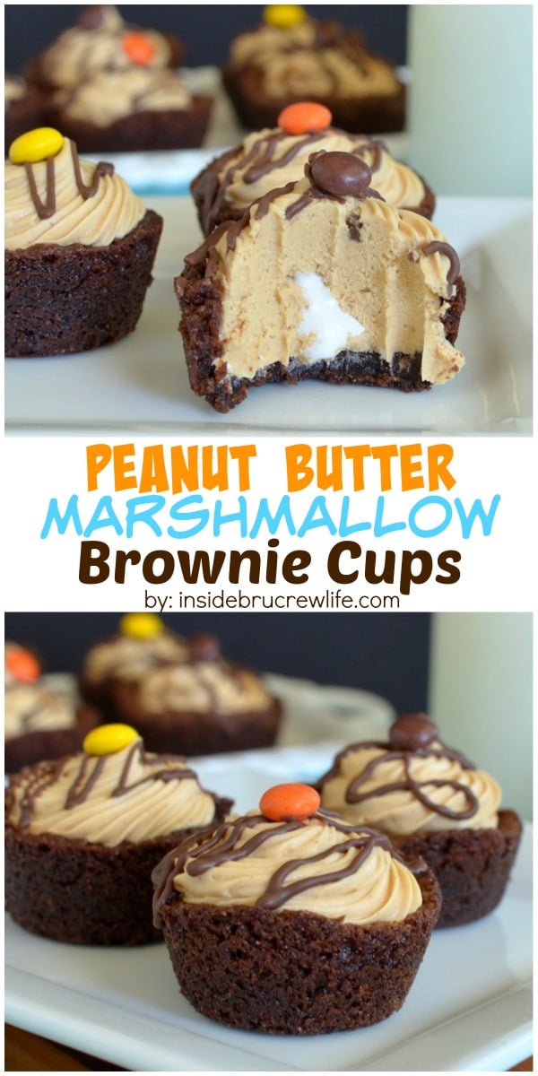 These mini brownies have a hidden marshmallow center and a peanut butter mousse topping.