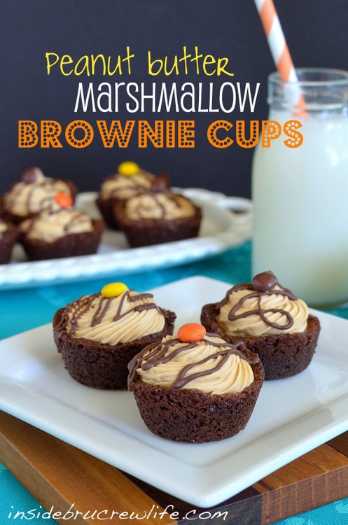 These mini brownies have a hidden marshmallow center and a peanut butter mousse topping.