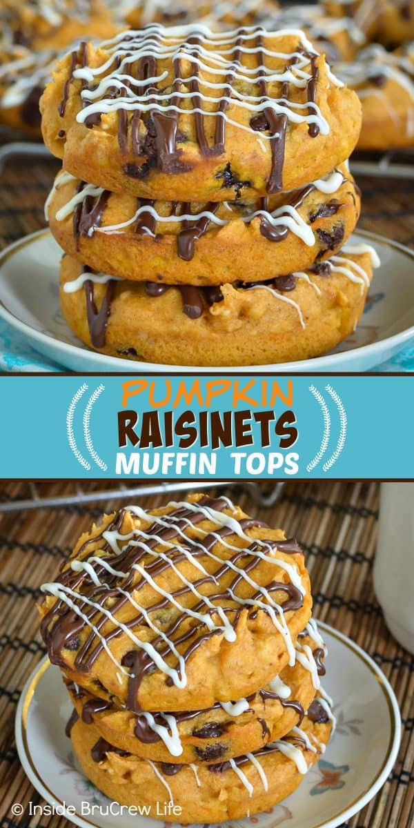 Pumpkin Raisinets Muffin Tops - these easy two ingredient pumpkin muffins are so soft and delicious. Raisinets and extra chocolate drizzles give them a fun look and taste! Try this recipe for breakfast this fall! #muffins #pumpkin #twoingredientmuffins #fall #breakfast #chocolate #raisinets #muffintops