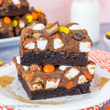 Two Reese's Fluffernutter Fudge Brownies on a white plate