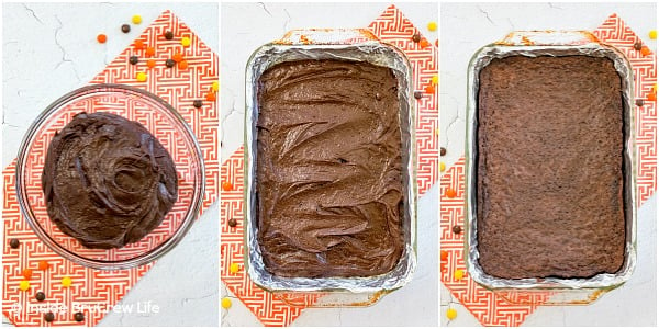 Three pictures collaged together showing brownie batter in a bowl, in a pan, and baked.