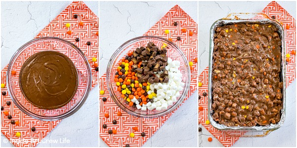 Three pictures collaged together showing a bowl of fudge, a bowl of mix-ins, and a pan of brownies topped with the fudge topping.