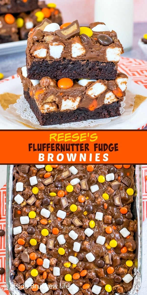 Two pictures of Reese's Fluffernutter Fudge Brownies collaged together with an orange text box