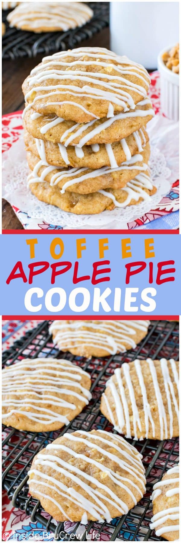 Toffee Apple Pie Cookies - these sweet homemade apple cookies are loaded with fruit, toffee bits and graham cracker crumbs. Great recipe to fill the cookie jar with this fall! #apple #cookies #homemade #fall #toffee #cookiejar #baking