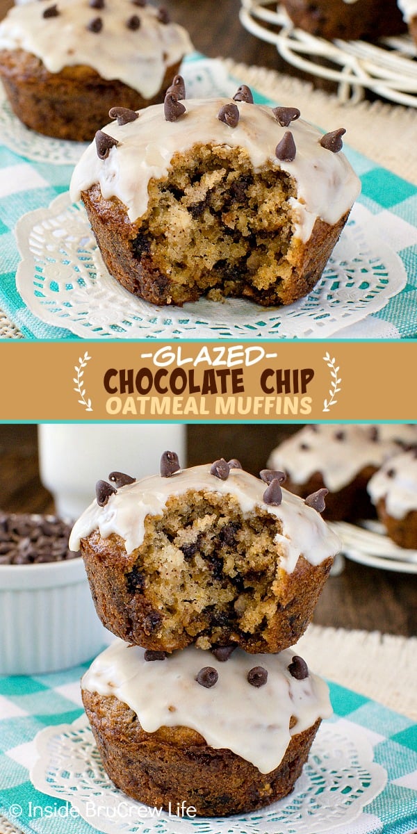 Chocolate Chip Oatmeal Muffins - soft fluffy muffins loaded with chocolate chips and topped with a coffee glaze is a very good idea. Great recipe to make for breakfast or after school snacks. #muffins #oatmeal #chocolatechip #breakfast #coffee