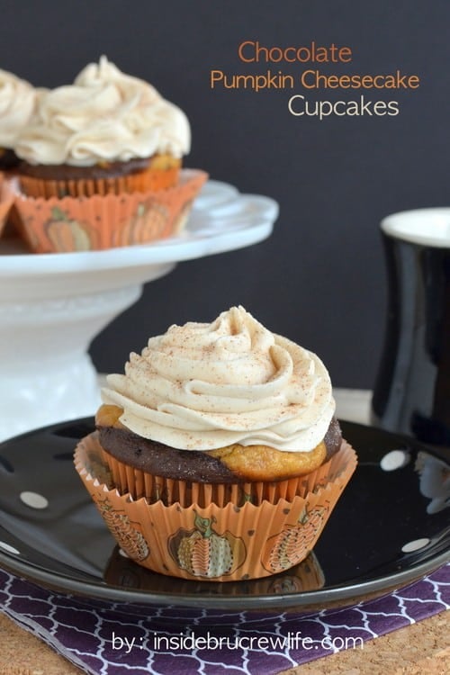 These chocolate cupcakes with a pumpkin cheesecake center and white chocolate cinnamon frosting are perfect for any fall party.