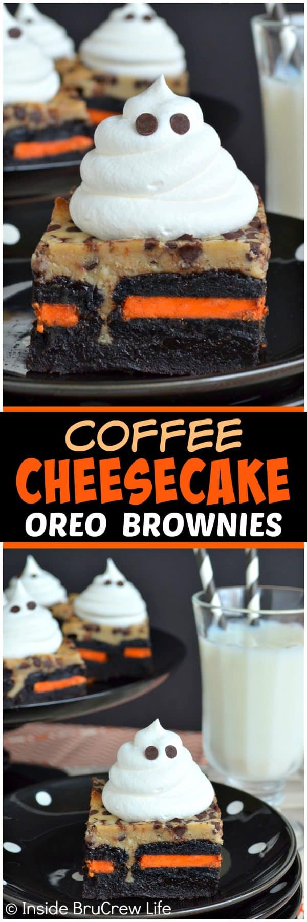 Coffee Cheesecake Oreo Brownies - a Cool Whip ghost and a hidden layer of holiday Oreos adds a fun flair to these cheesecake brownies. Delicious recipe to share at Halloween parties this fall!