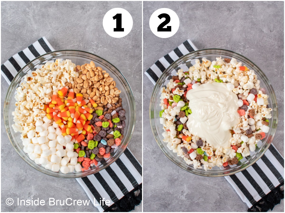 Two pictures collaged together showing how to make a white chocolate popcorn mix.