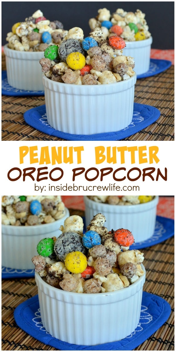 White Chocolate and peanut butter covered popcorn with Oreo cookies and M&M candies is a great movie night snack.