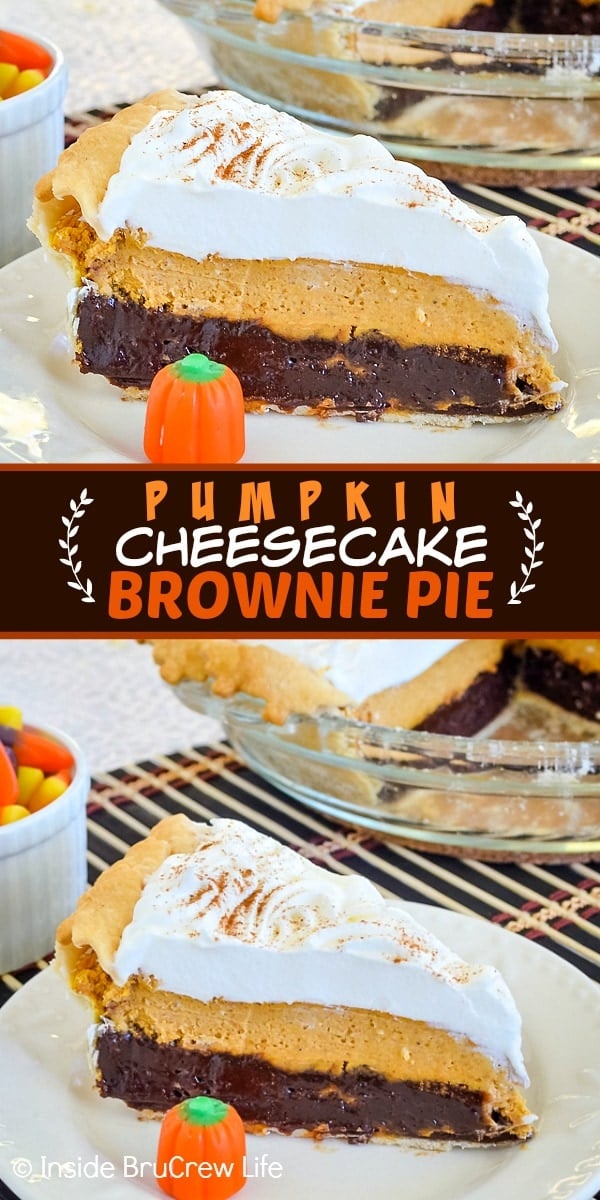 Two pictures of pumpkin cheesecake brownie pie collaged together with a brown text box