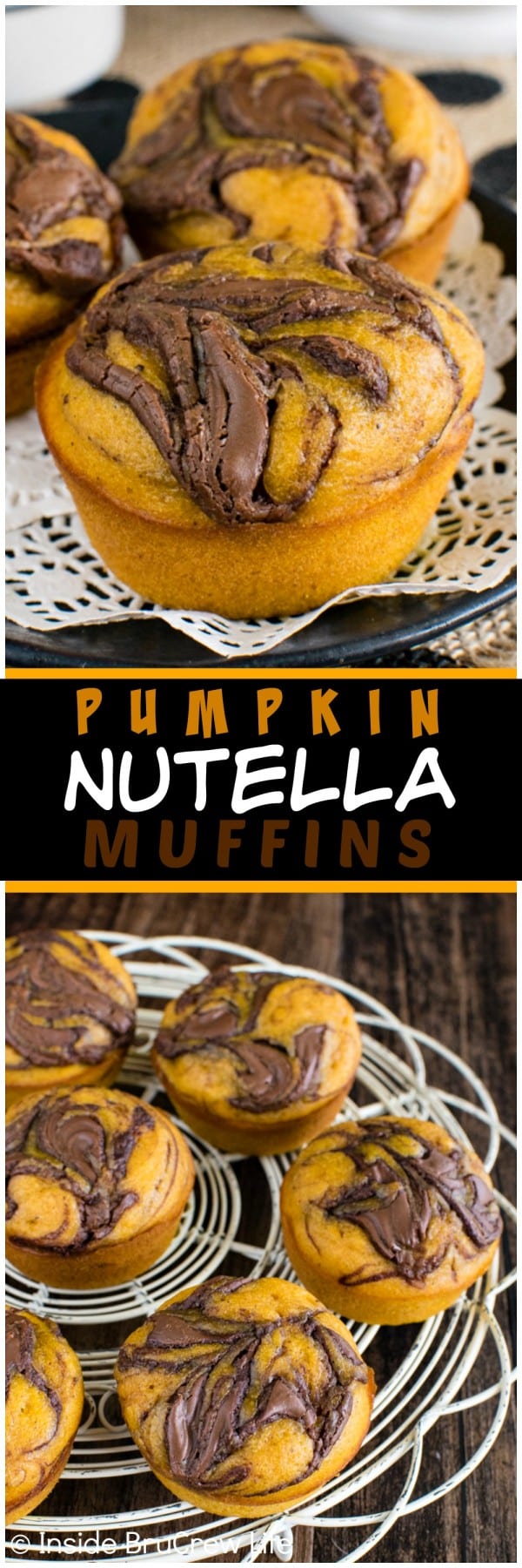 Pumpkin Nutella Muffins - soft pumpkin muffins with a chocolate swirl makes a delicious treat for breakfast or an afternoon snack. Try this awesome recipe this fall. #breakfast #muffins #pumpkin #nutella #fall