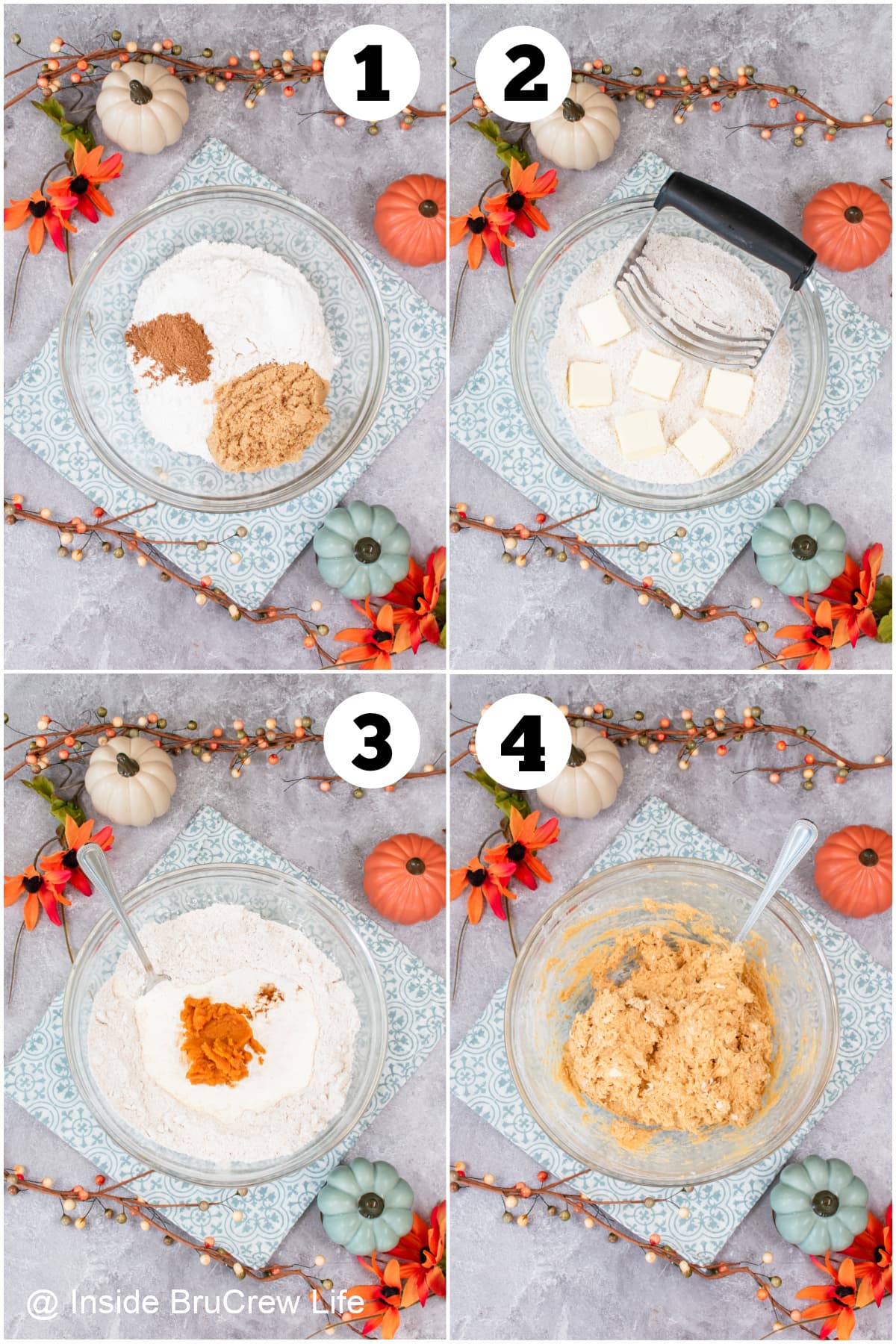 Four pictures collaged together showing how to make pumpkin scones