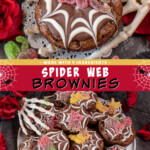 Two pictures of Spider Web Brownies with a red text box.