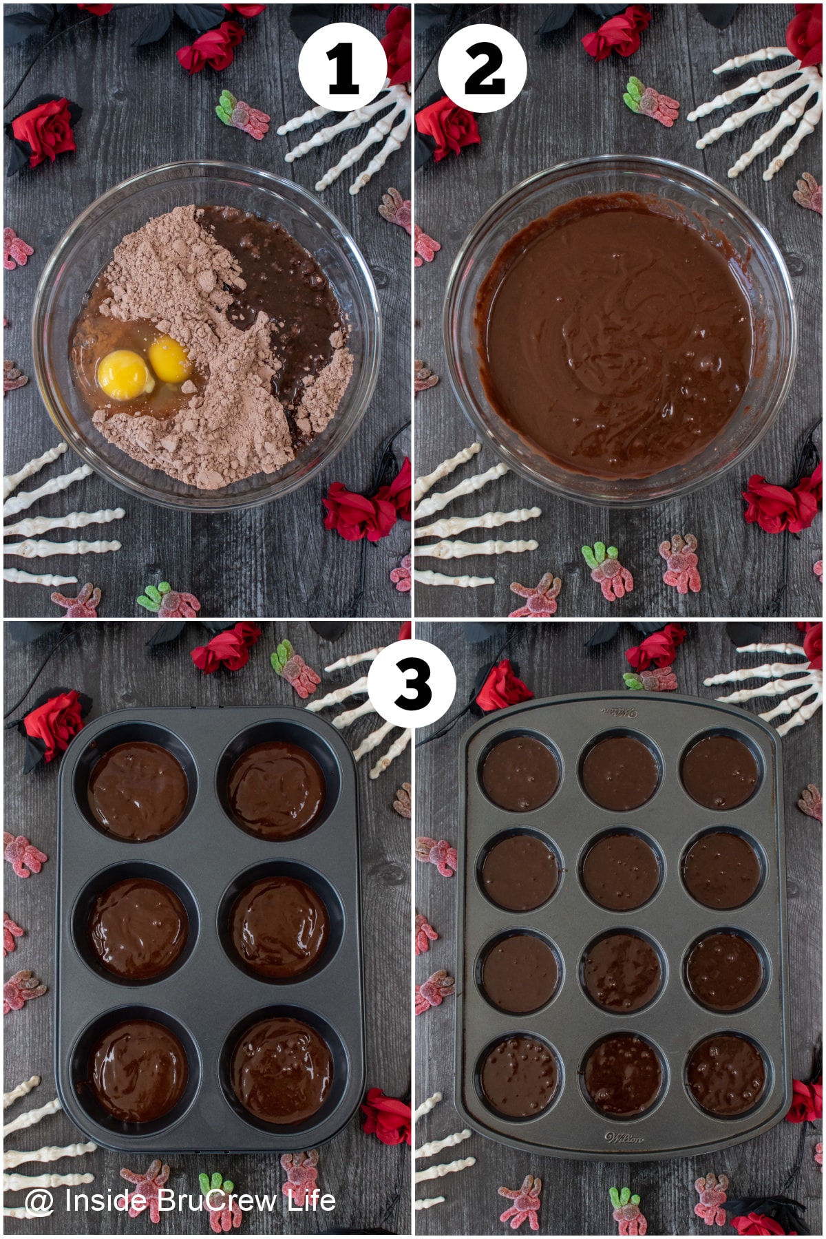 Four pictures collaged together showing how to make brownies in different muffin tins.