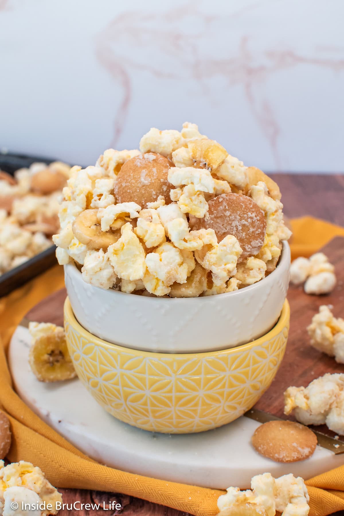 Two bowls filled with banana popcorn.