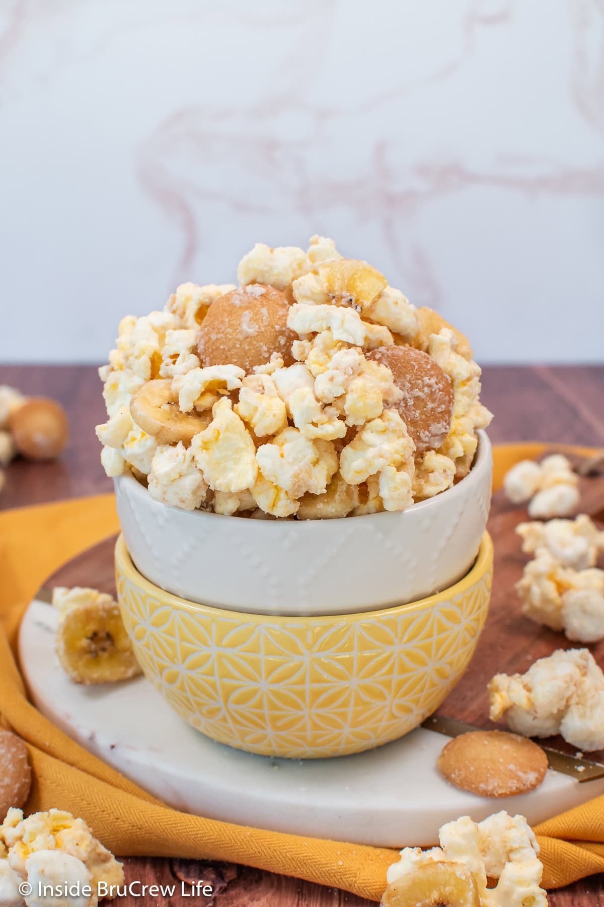 Chocolate covered popcorn in a bowl.