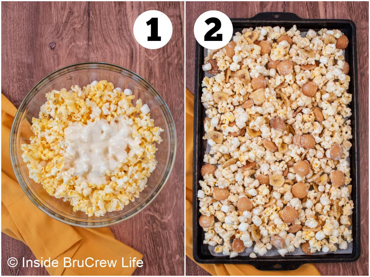 Two pictures showing how to make chocolate covered popcorn.