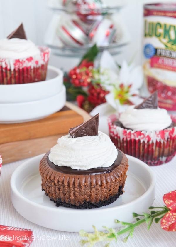 A Cherry Chocolate Cheesecake topped with chocolate and cool whip.