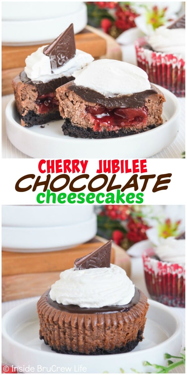 2 pictures of Cherry Chocolate Cheesecakes with a text box in-between them.