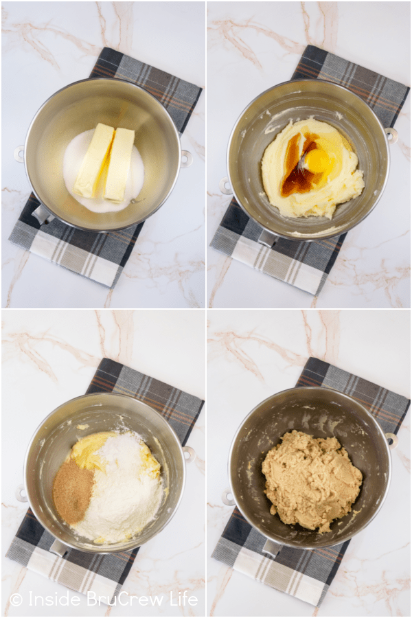 Four pictures collaged together showing how to make the dough for cinnamon sugar cookies.