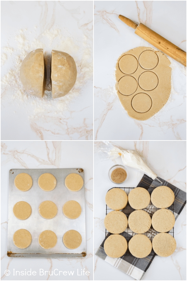 Four pictures collaged together showing how to roll out churro cookie dough and cut them into circles.
