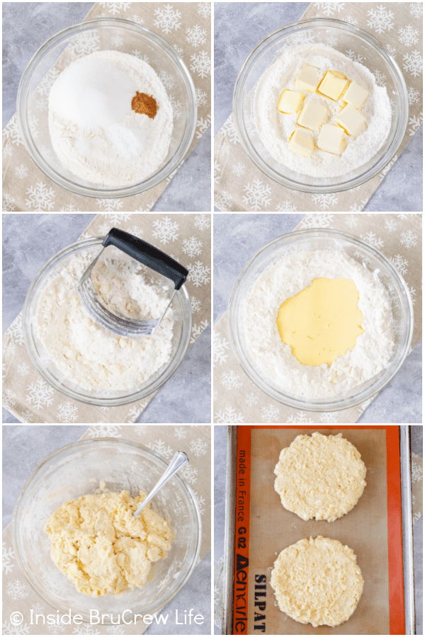 Six pictures showing how to make the dough for eggnog scones collaged together.