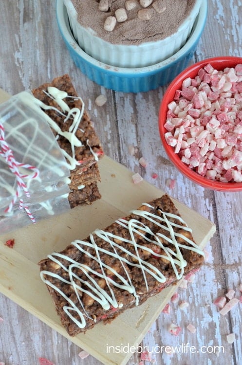 Overhead picture of peppermint hot chocolate granola bars and a bowl of peppermint bits
