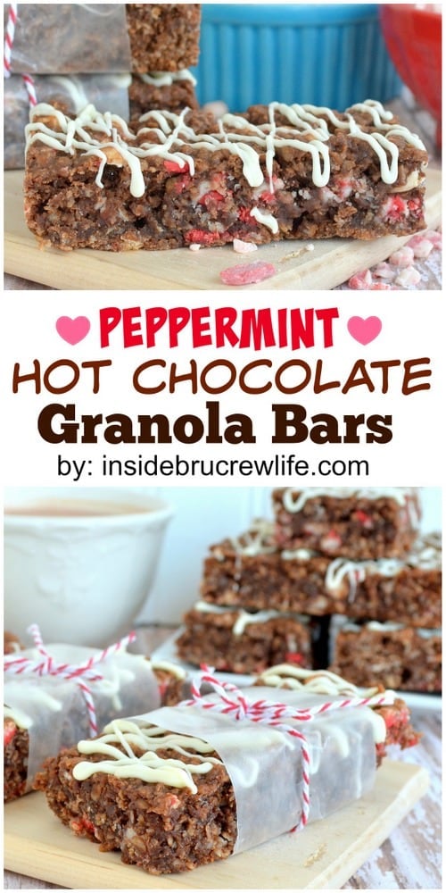 Two pictures of peppermint hot chocolate granola bars collaged together with a white text box