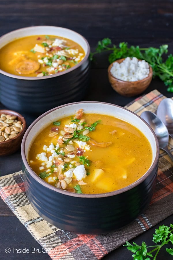 Pumpkin Potato Corn Chowder - this hearty fall soup is loaded with meats, veggies, and pasta and is ready in under 30 minutes. Easy dinner recipe to warm you up on a chilly fall night.