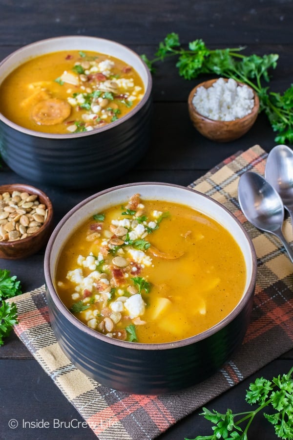 Pumpkin Potato Corn Chowder - this easy 30 minute soup recipe is loaded with meat, veggies, and noodles. Awesome comfort food meal for a chilly fall night!