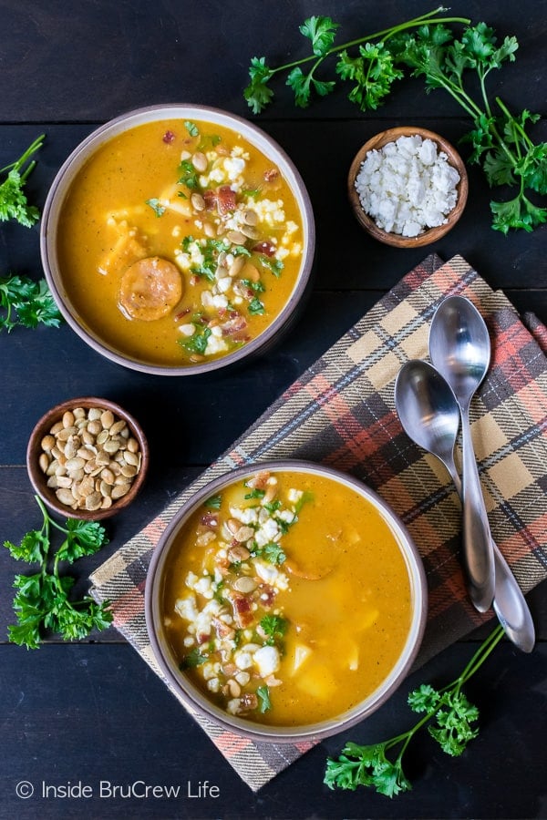 Pumpkin Potato Corn Chowder - this awesome fall soup recipe is loaded with veggies, meat, and noodles. Great dinner to have on the table in under 30 minutes!