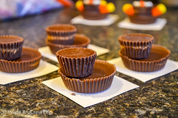 Peanut butter cups glued together for the body of candy turkeys.