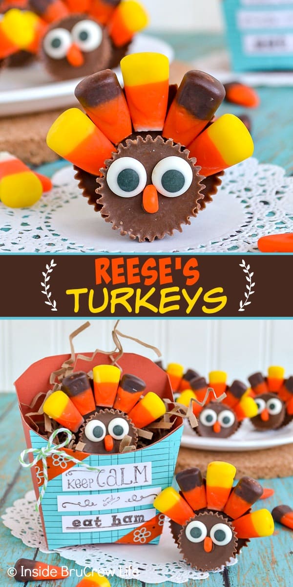 Two pictures of Candy Turkeys collaged together with a brown text box.