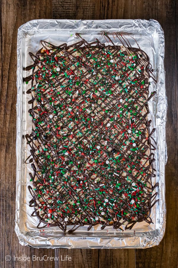 On overhead picture of a pan of Salted Caramel Pretzel Bark.