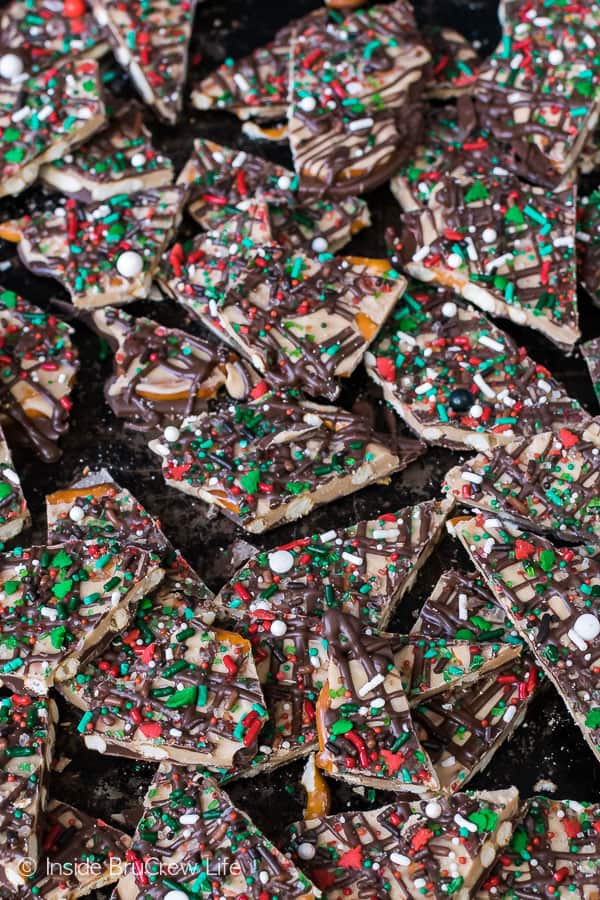 An overhead picture of broken up Salted Caramel Pretzel Bark on a cookie sheet.