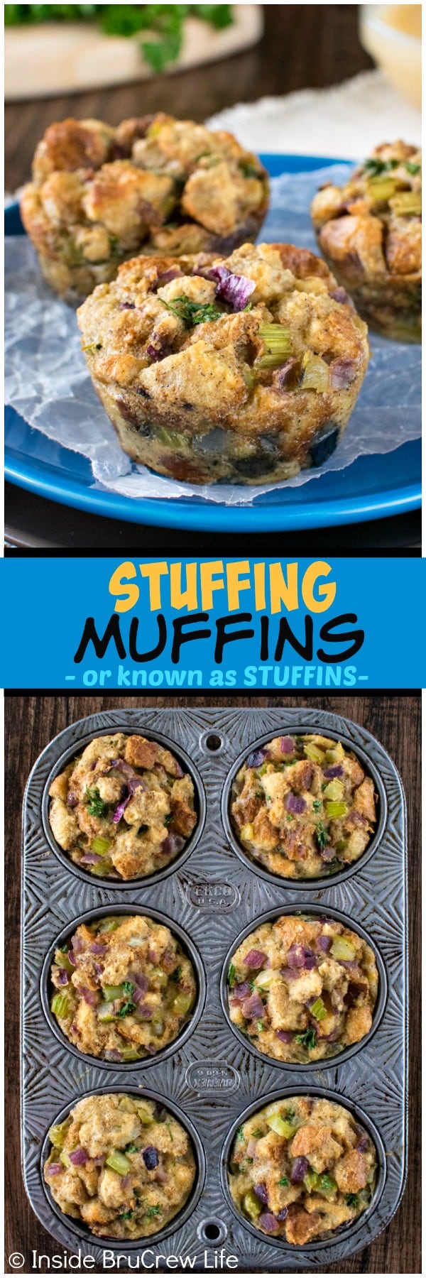 Stuffing Muffins - bake this easy stuffing recipe in a muffin tin for a fun and delicious way to change up the traditional side dish for Thanksgiving! #dinner #stuffing #thanksgiving #holiday #stuffins #sidedish